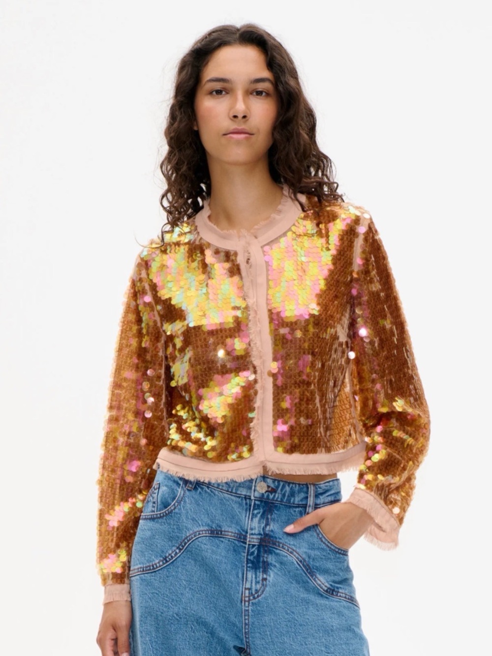 Baum und pferdgarten Iridescent Sequin Cropped Blazer in Pink and Bronze